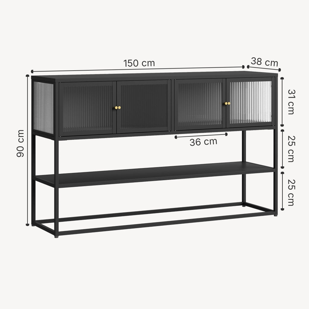 Credenza Bassa Säkylä con Ante in Vetro Scanalato 150x38x90 cm Nero [en.casa]