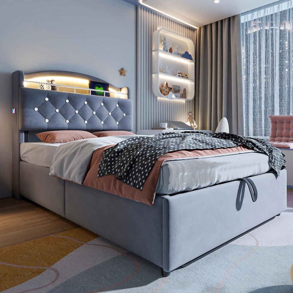 letto imbottito tessuto grigio 90 x 200 cm