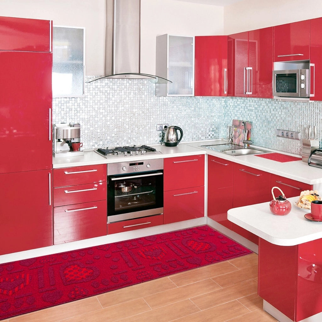 Tappeto Cucina Antiscivolo Cuori Lavabile Moderno Assorbente Bordeaux 57x170 cm