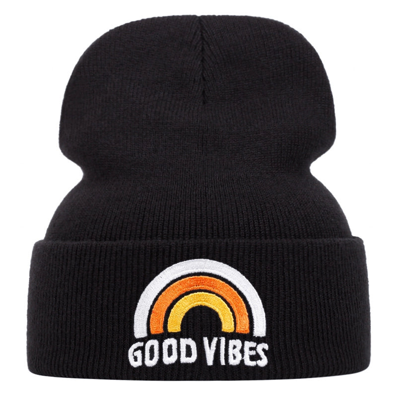 Cappelli invernali caldi in maglia con ricamo GOOD VIBES, colore nero