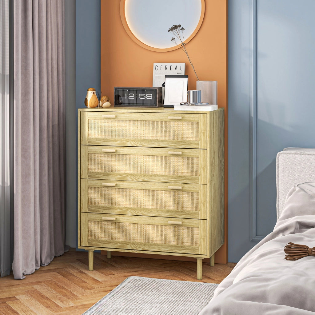 Cassettiera 4 cassetti in legno e tessuto effetto rattan stile boho ¨C Xylo ¨C 90x45x108,5cm naturale