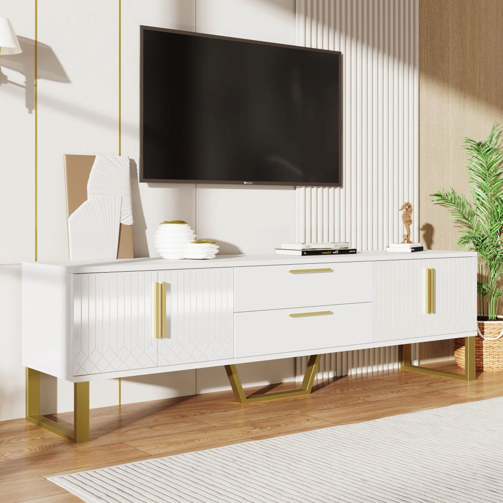 Mobile TV Lucido ¨C MINIMAL ¨C Bianco con Ante Texture, Gambe e Maniglie Dorate