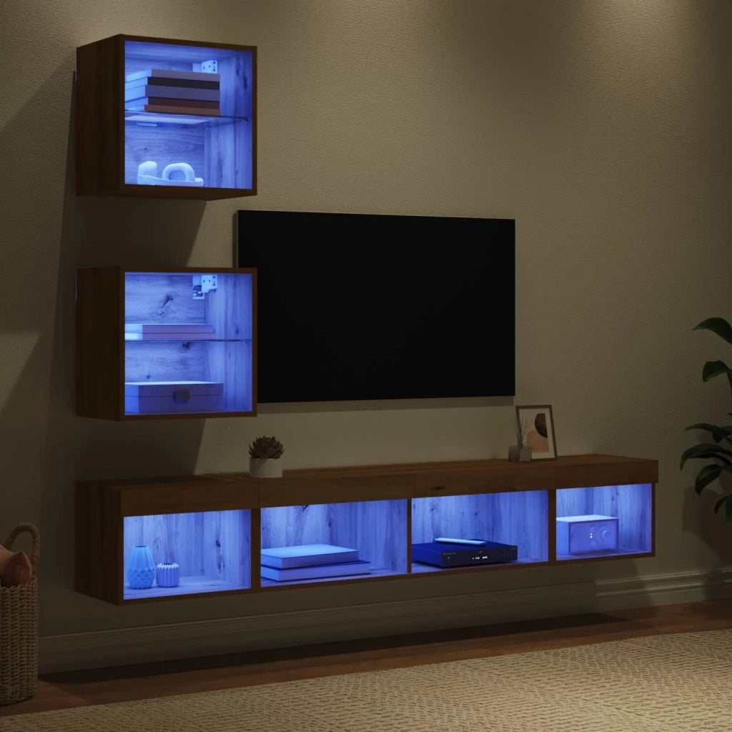 Unit¨¤ a muro per TV con LED con led 5 pz | Armadietto TV | Mobile Porta TV Rovere artigianale