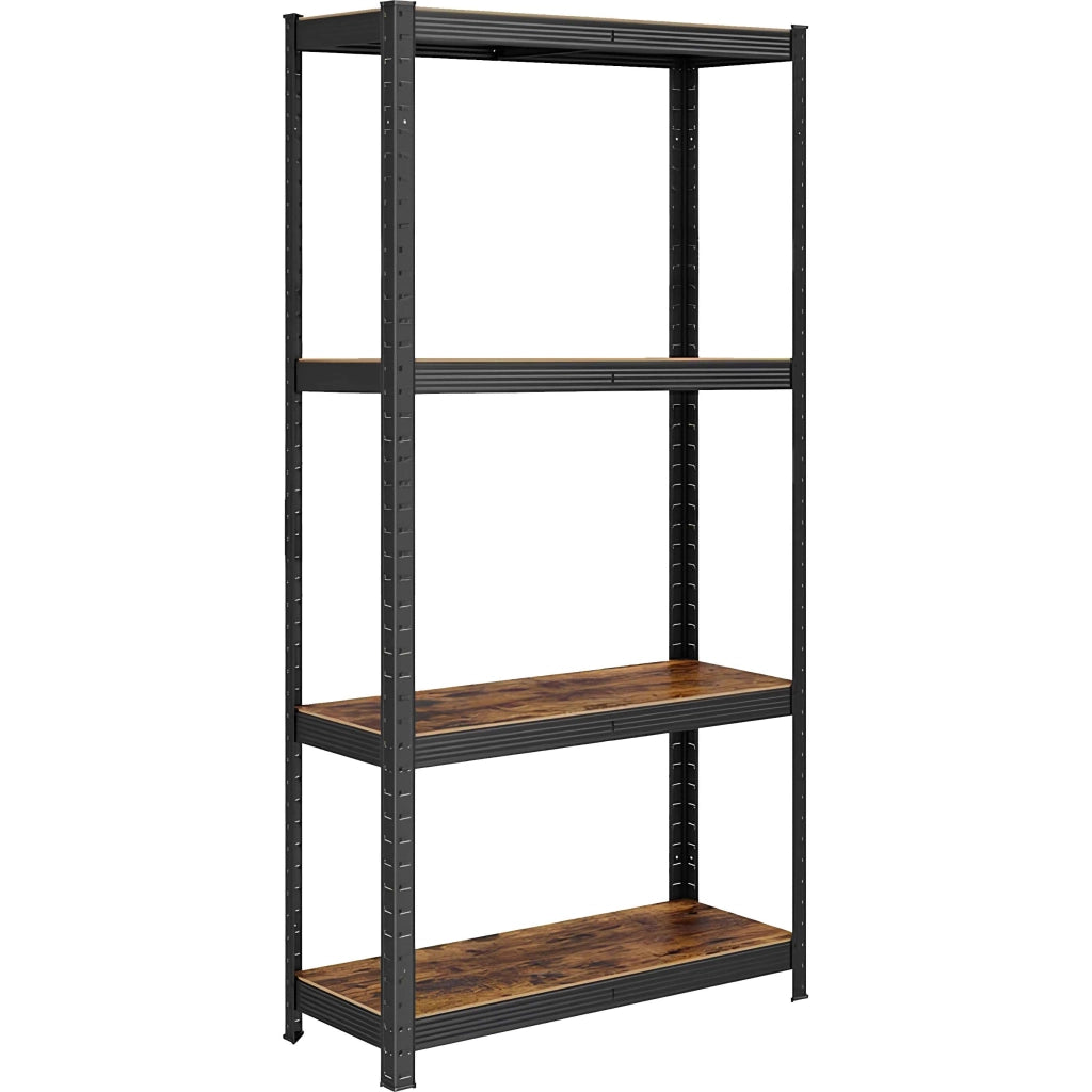 Scaffale industrial 4 ripiani in acciaio e mf laminato effetto legno 150x30x75