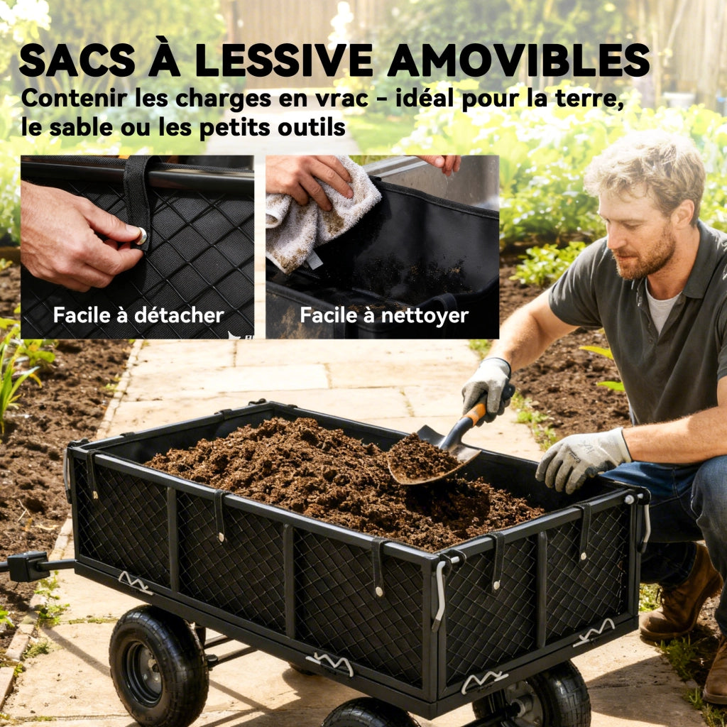 Carrello da giardino ribaltabile 300kg ¨C Xylo ¨C con telo rimovibile e maniglia rotante 180¡ã, nero