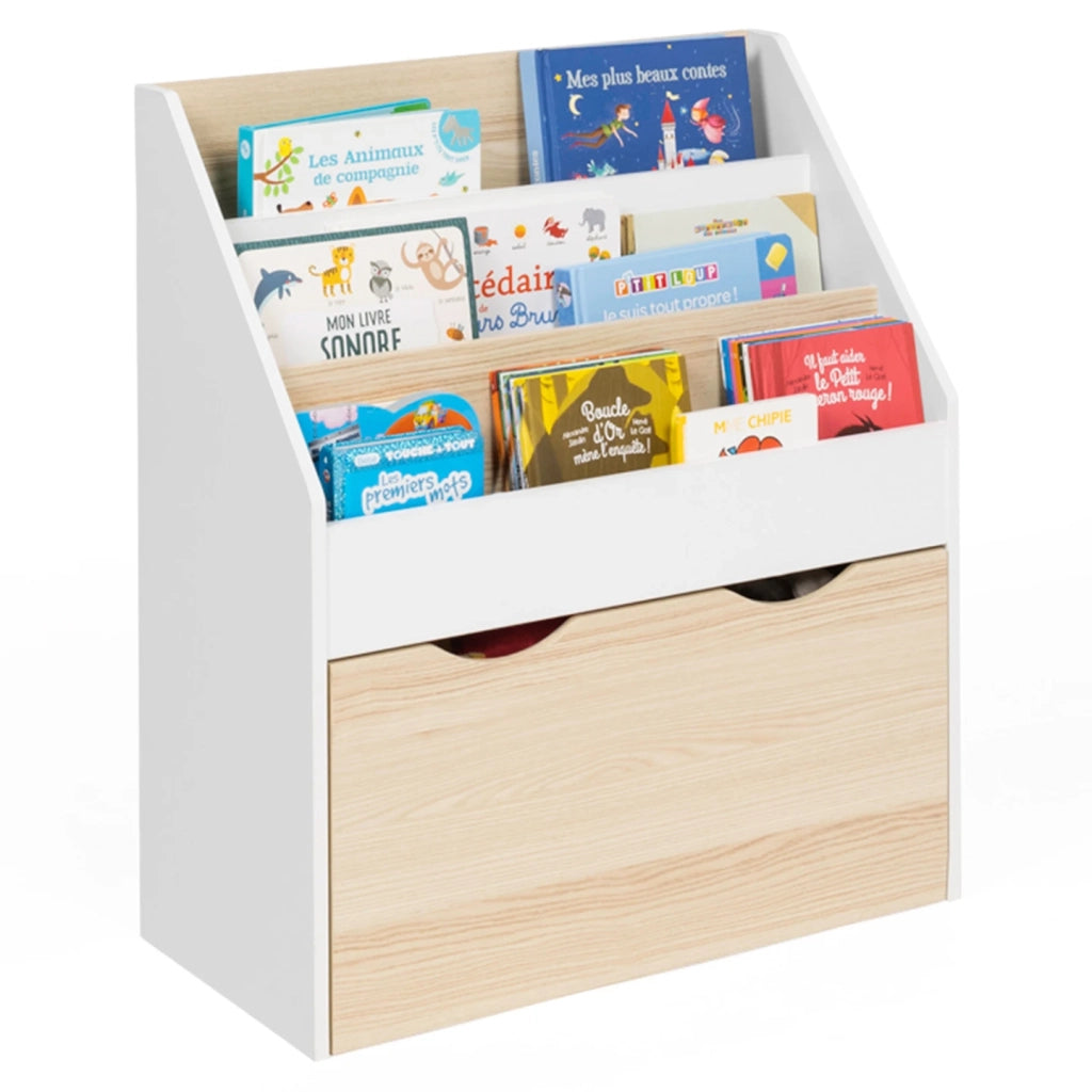 IDMarket - Libreria per bambini MANA con 3 ripiani e 1 vassoio su ruote bianche e faggio