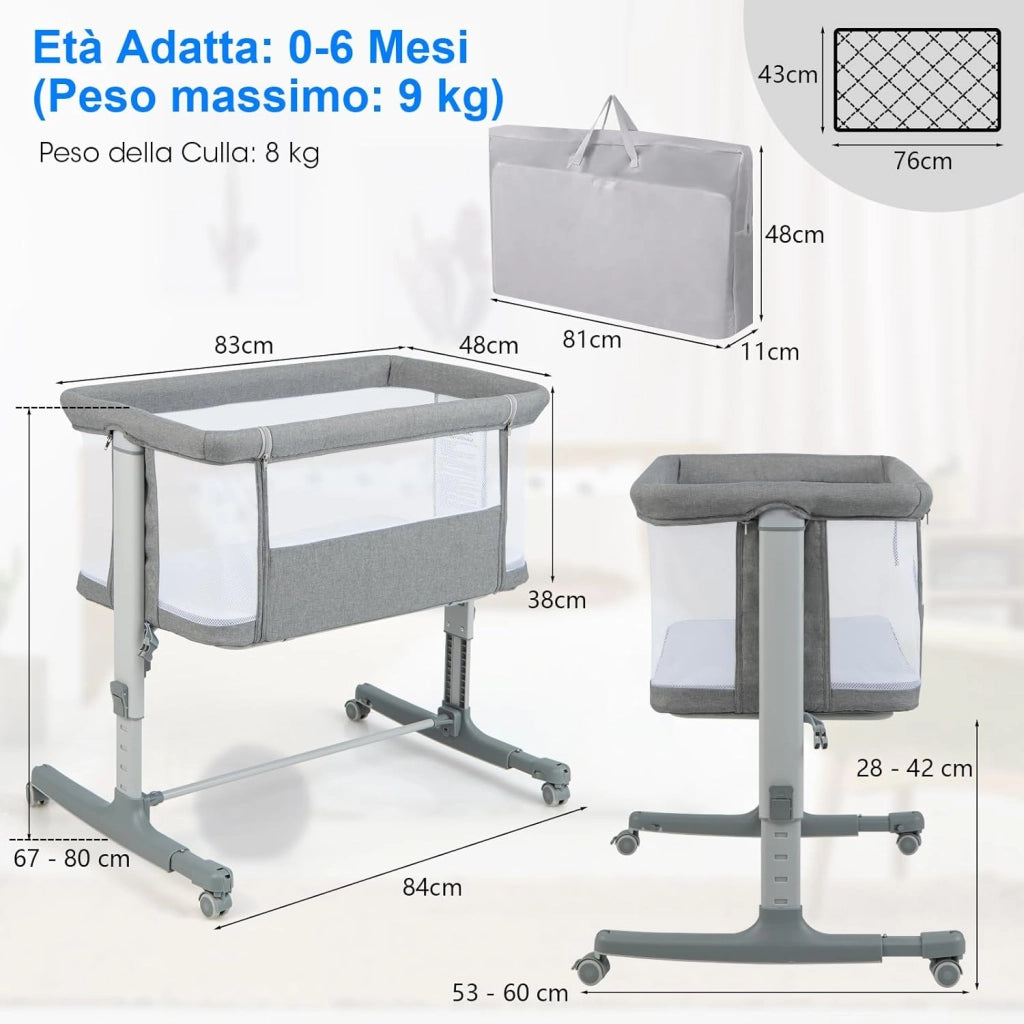 3 in 1 Culla Neonato Fianco Letto, Lettino Neonato Dondolo con Materasso, Culla Co-Sleeping Fino a 9 kg, Altezza Regolabili, 84 x 59,5 x 80,5cm (Grigio)