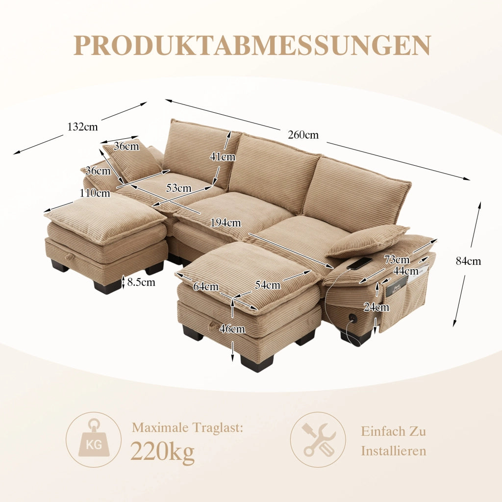 DIVANO 3 posti modulare 260x132x84 cm in corduroy khaki con 2 pouf