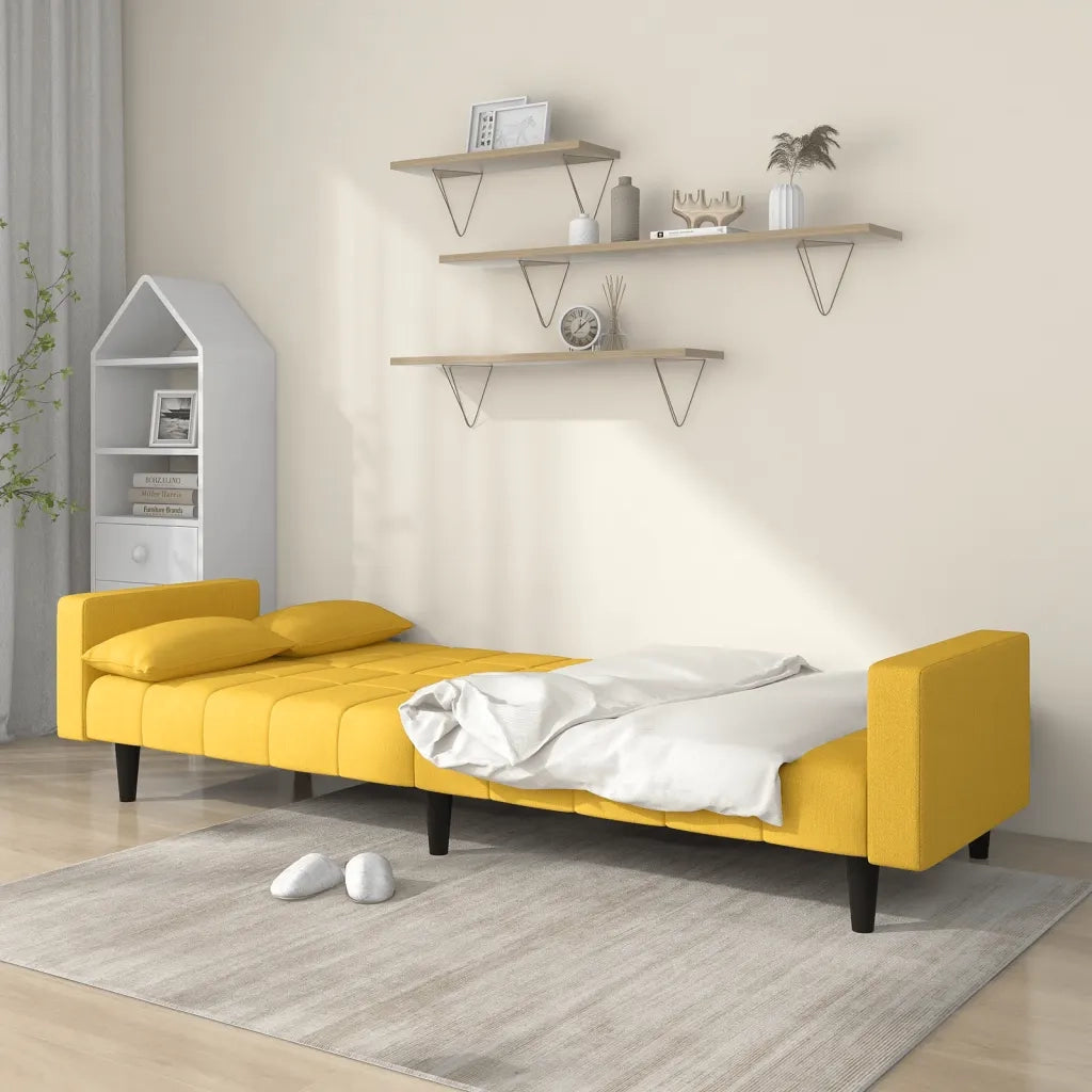 Divano Letto a 2 Posti con 2 Cuscini Giallo in Tessuto 375838