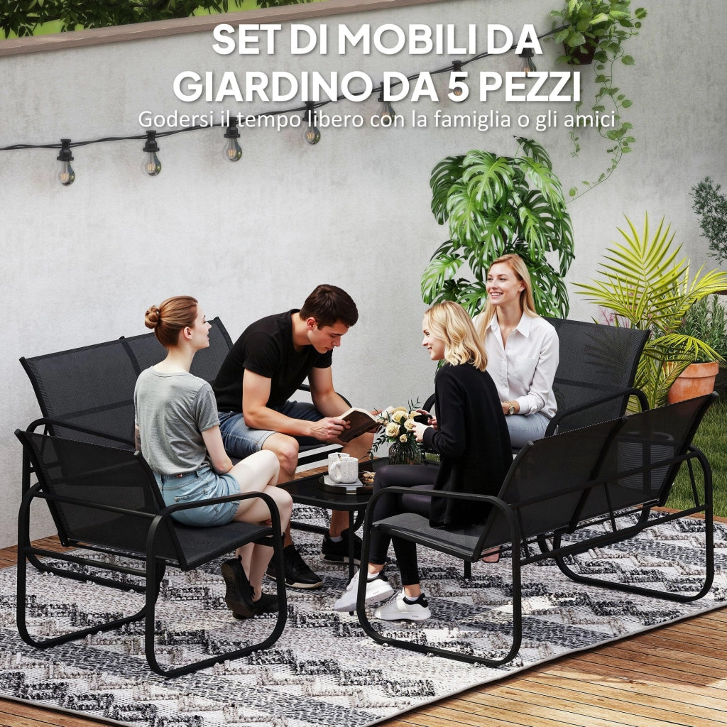 Set 5 Pezzi da Esterno 2 Divani 2 Poltrone e Tavolino con Piano in Vetro Nero