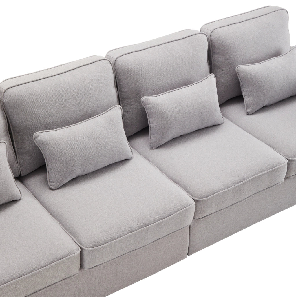 Divano 4 posti in tessuto effetto lino con tasche bracciolo e 4 cuscini; grigio; 264 cm