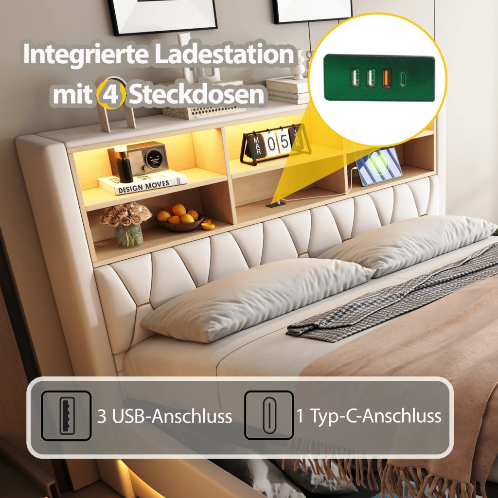 LETTO Contenitore 180x200 cm Beige in ferro con LED e USB