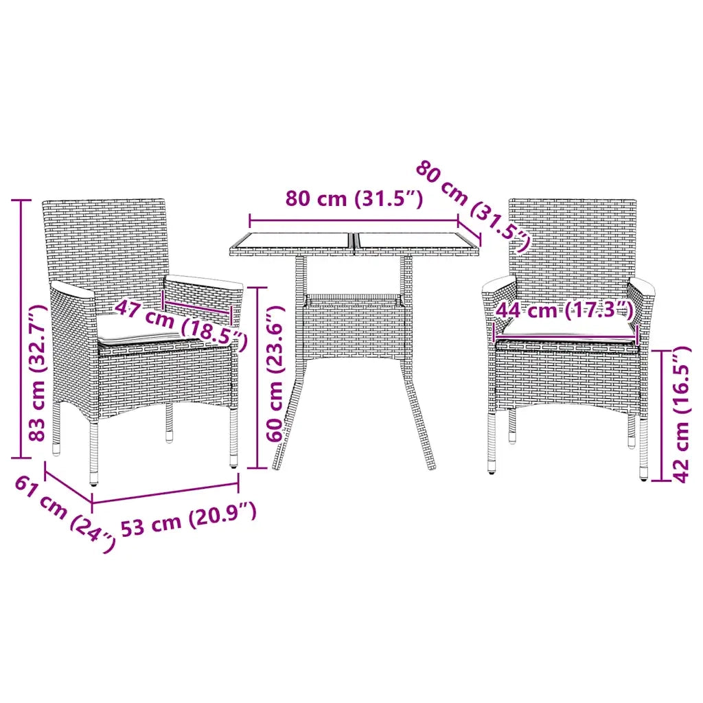 Set da Pranzo da Giardino 3 pz con Cuscini Polyrattan e Vetro