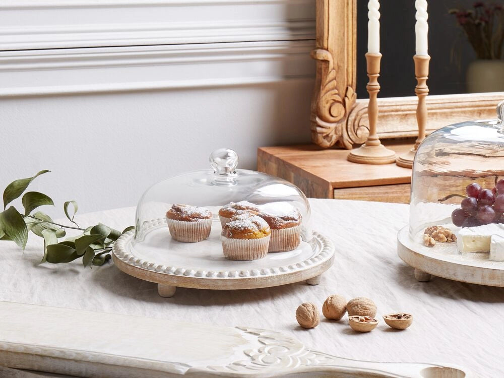 Alzata per torte con coperchio in legno di mango chiaro 29 x 29 x 16 cm Vassoio decorativo per torte Cupola pasticceria