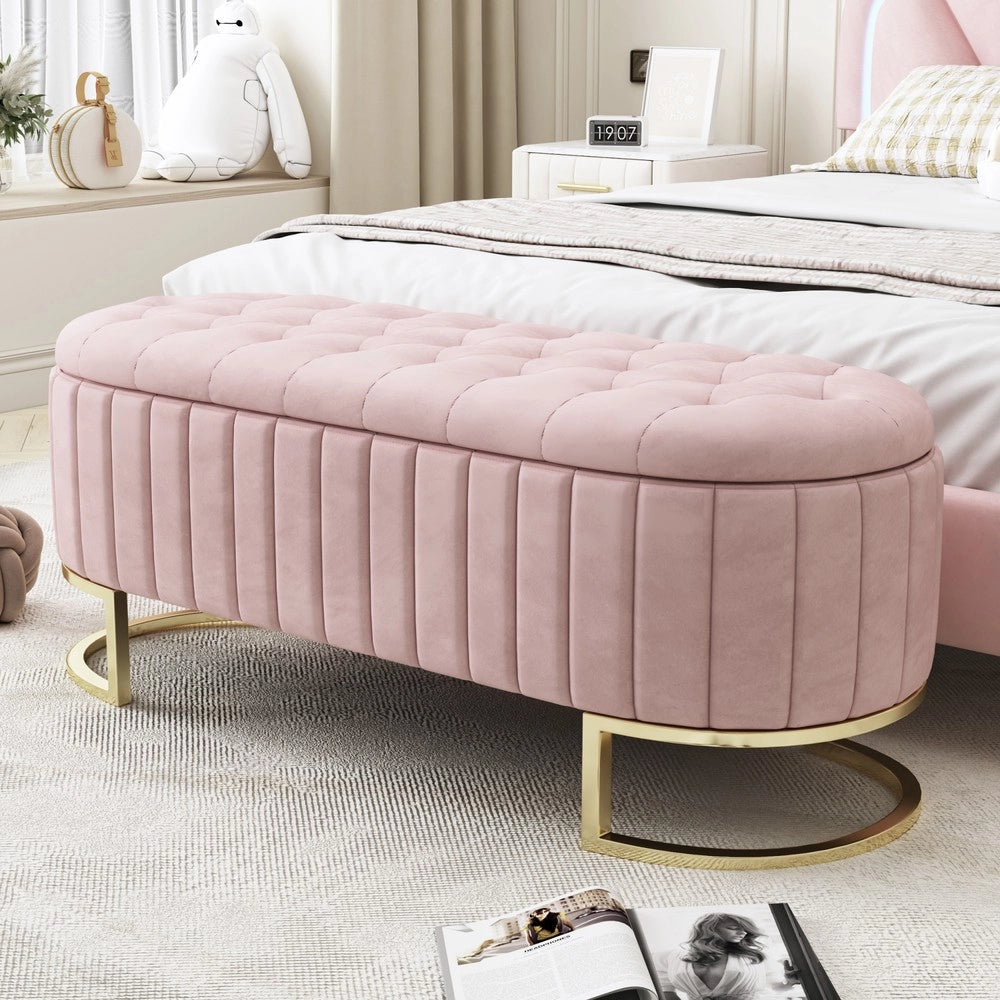 Letto contenitore con panca imbottita - Zephmum- 120x40 cm, velluto rosa