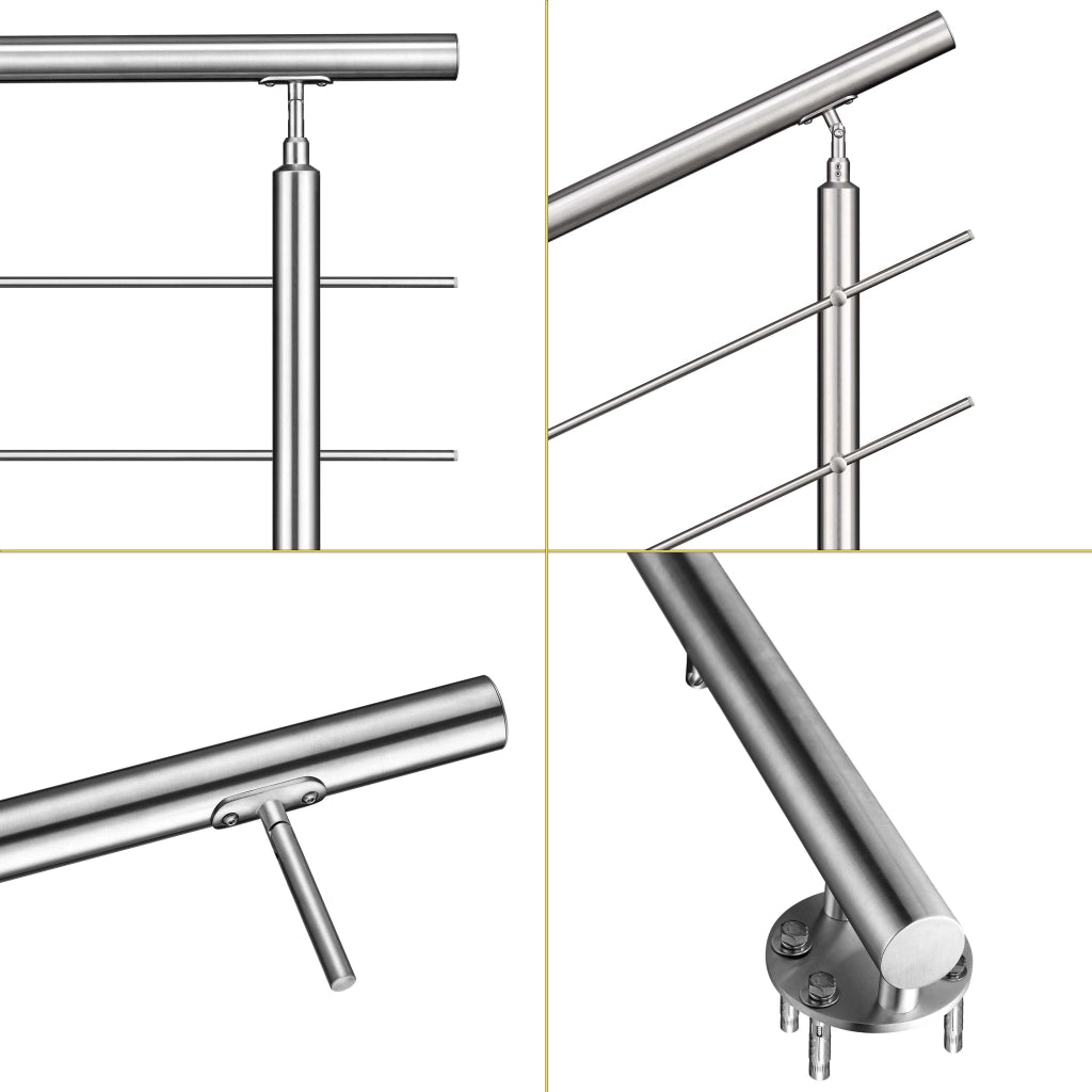 Ringhiera Balaustra Corrimano in acciaio inox 304 spazzolato per scale 180 cm, 3 barre trasversali, fissaggio laterale, per interni ed esterni