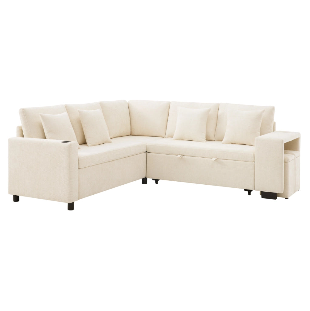 Divano angolare modulare 5 posti con letto e contenitore; in chenille beige; 220x205 cm