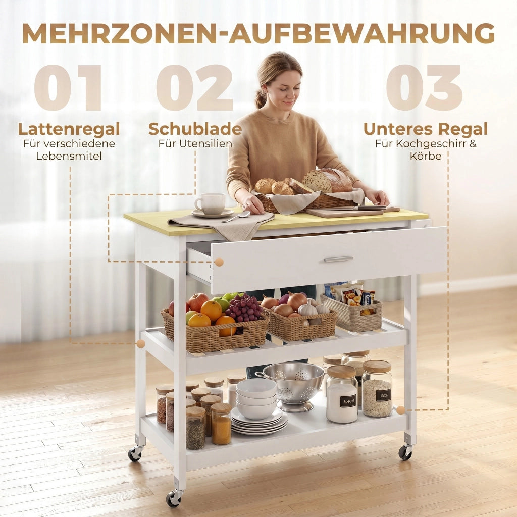 Carrello cucina con ruote ¨C Xylo ¨C piano lavoro, cassetto, ripiani, portasciugamani, bianco