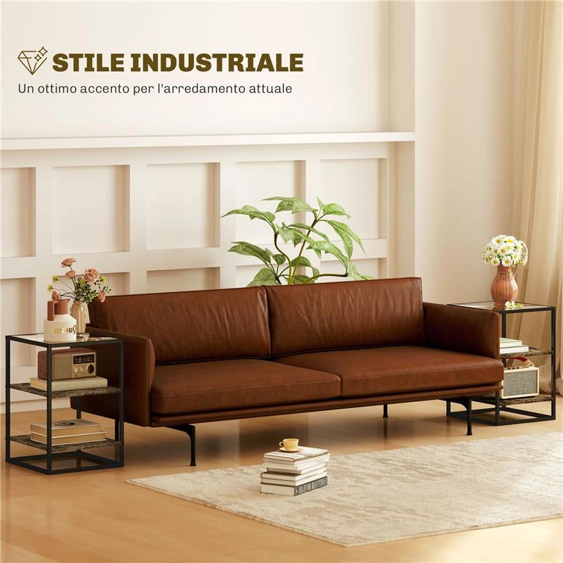 SET 2 TAVOLINI DA SOGGIORNO A 3 LIVELLI IN LEGNO E METALLO CON PIANO IN VETRO TEMPERATO 37X40X55.5 CM MARRONE