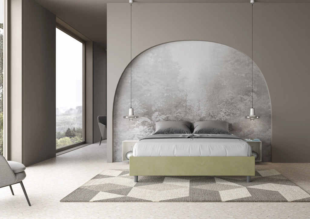 BS COM Letto queen size con rete imbottito 150x200 microfibra tè verde