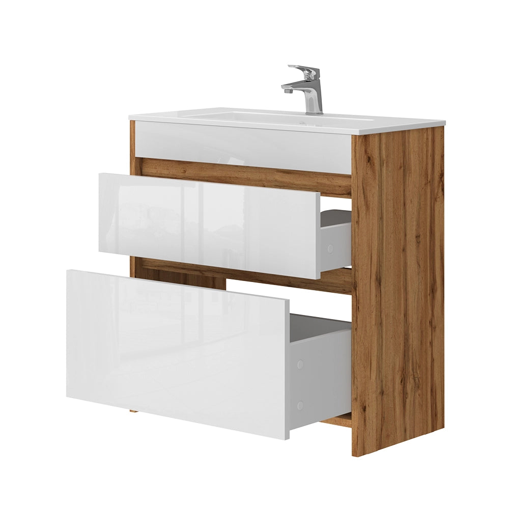 Mobiletto per lavabo Detmold Rovere dorato 2 parti, mobile base 80 cm Vicco