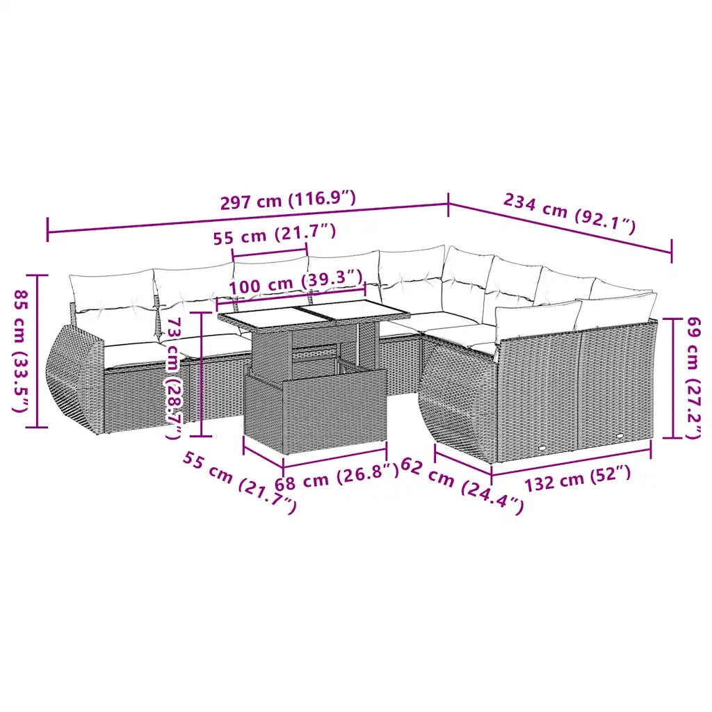 Set Divano da Giardino 10 pz con Cuscini Beige in Polyrattan 3268759