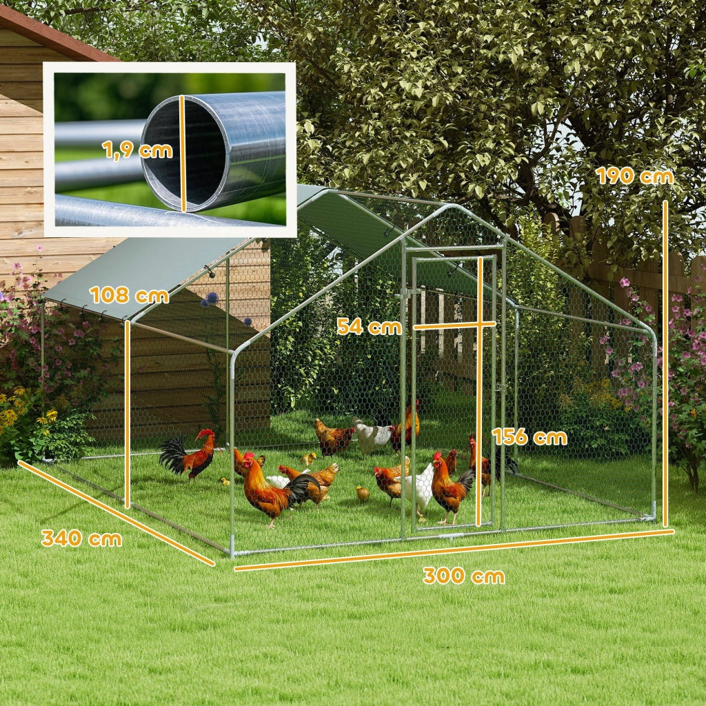 Pollaio Grande in Metallo ¨C Xylo ¨C Copertura Impermeabile Anti-UV, 3x3.4x1.9m, per 10-15 Galline