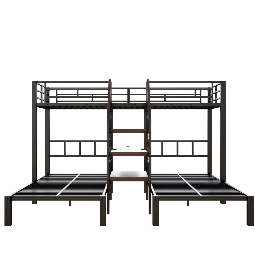 Letto a castello 90x200 cm - Zephmum- 3 posti, LED, scrivania, scaffale, USB, nero