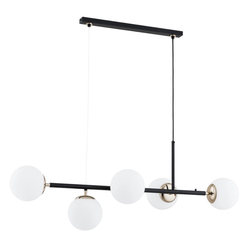 Lampadario DANSA Alfa nero sfere bianche oro 5xE14