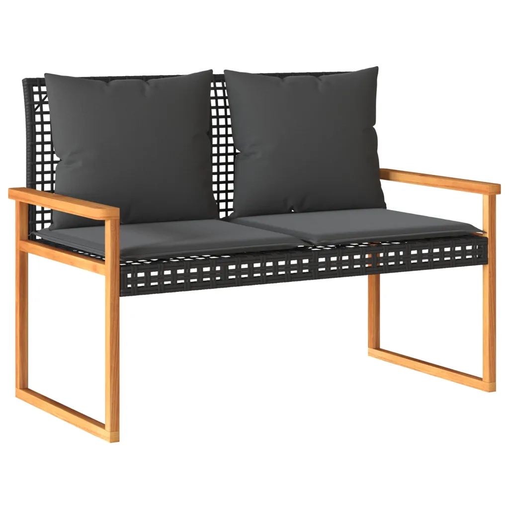 Panca da Giardino con Cuscino Nera in Polyrattan e Legno Acacia 365862