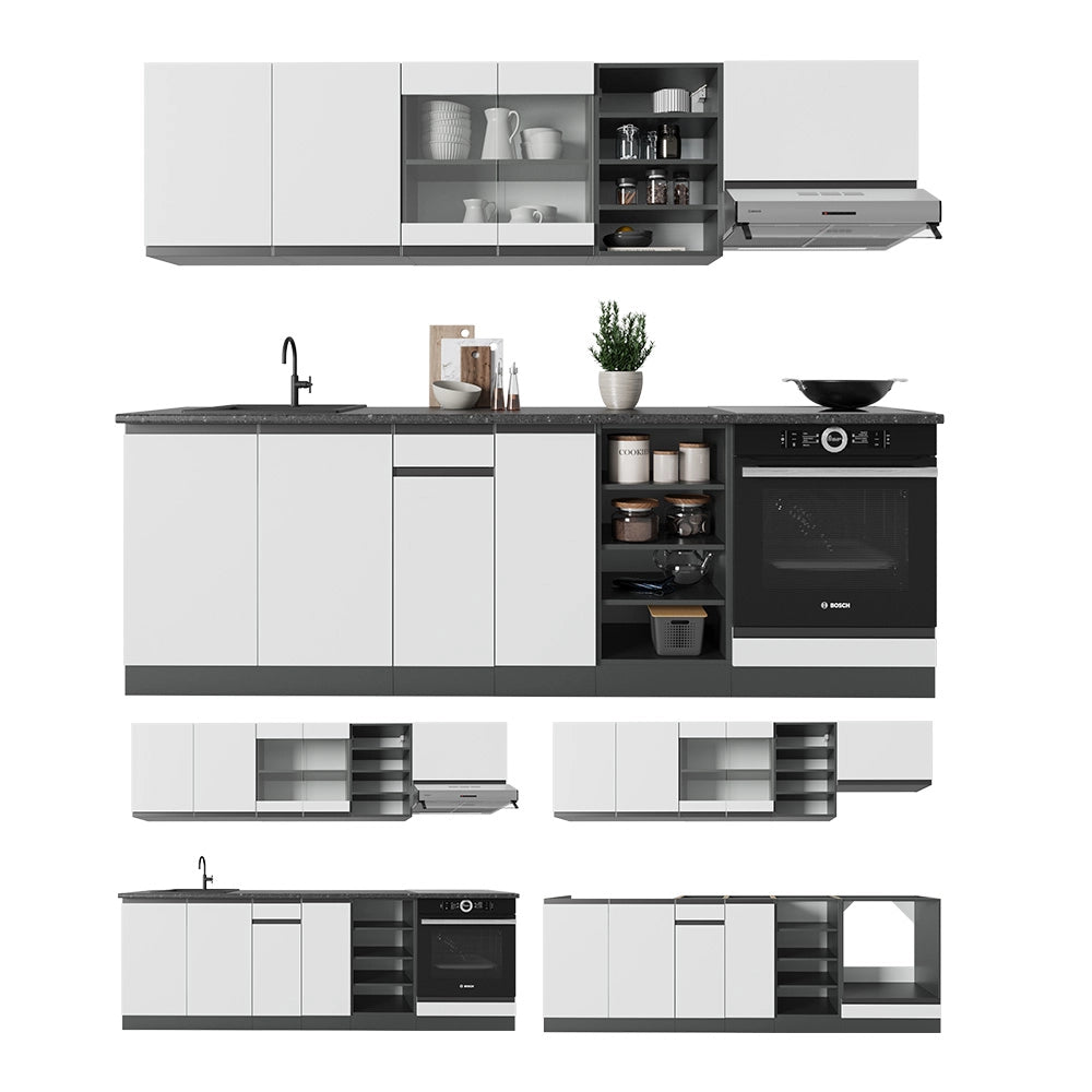 Cucina componibile R-Line Bianco/Antracite 240 cm J-Shape, PL Marmo Vicco
