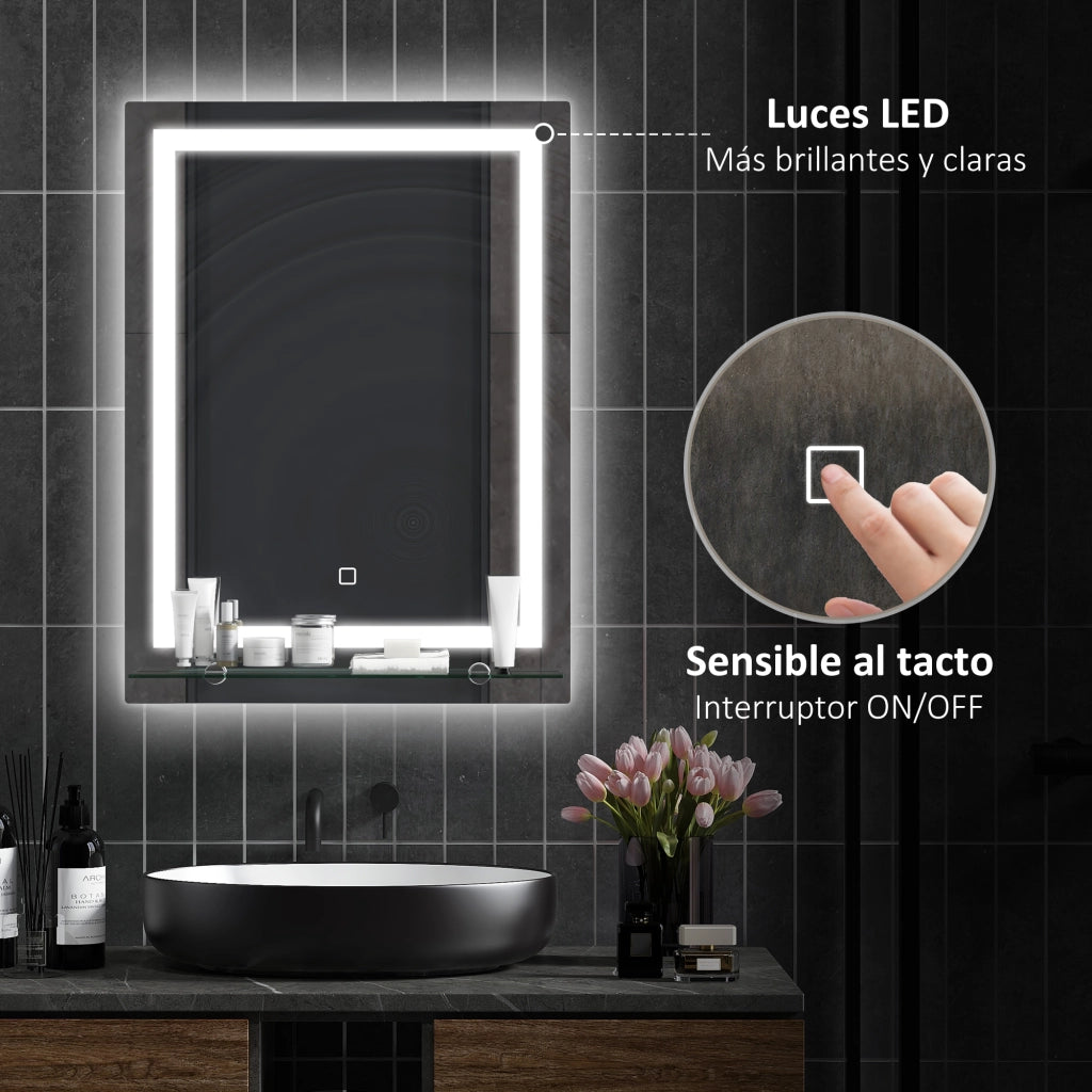 Specchio da Bagno con Luce LED e Ripiano in Vetro ¨C Minimal ¨C 50x70 cm Argento