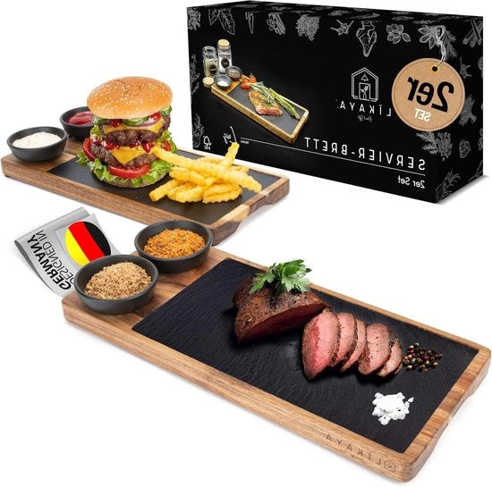 Servizio da 2 pezzi in legno di acacia FSC certificato con piatto di pietra e contenitore per salse - servizio da tavola per steak, accessori per griglia - regalo per steak, burgers, sushi