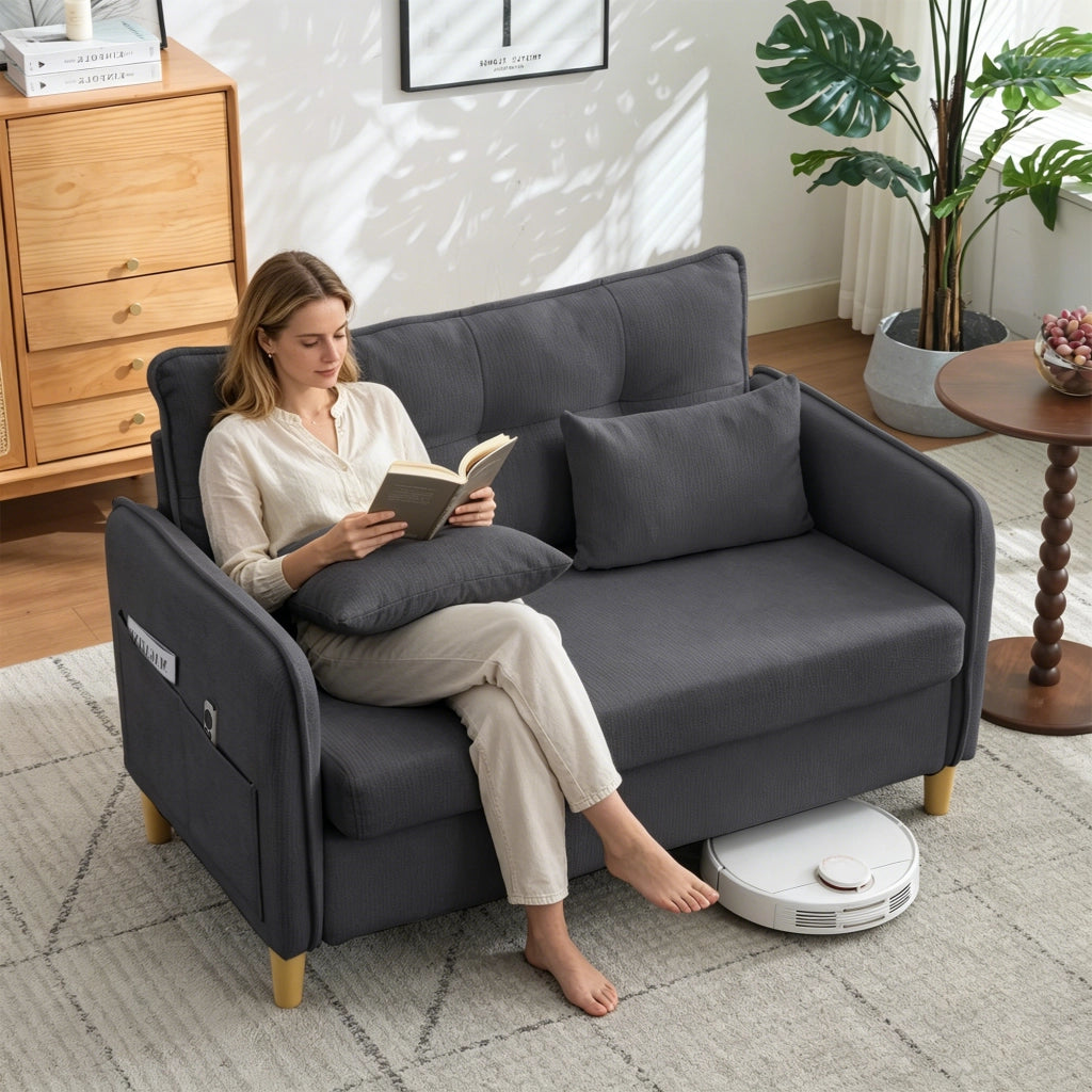 Divano 2 Posti con Braccioli e Tasche Laterali ¨C MINIMAL ¨C Chenille, Grigio Scuro