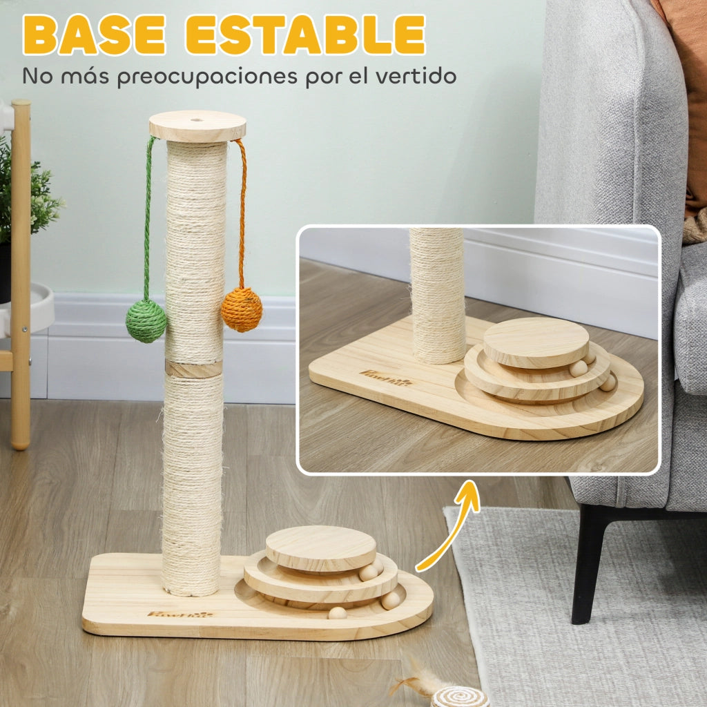 Gioco per Gatti con Graffiatoio e Palline ¨C Minimal ¨C Legno Naturale 56,5 cm