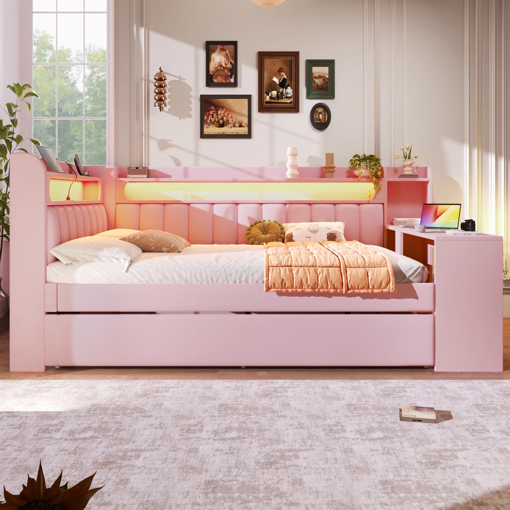 LETTO Giornaliero 140x200 cm Rosa con letto estraibile, USB, LED e scrittoio