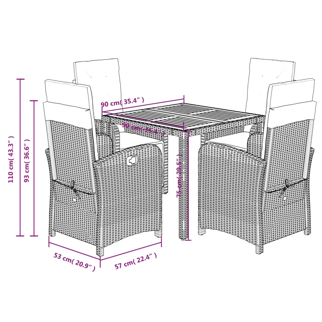 Set da Pranzo da Giardino 5 pz Nero con Cuscini in Polyrattan 3212469