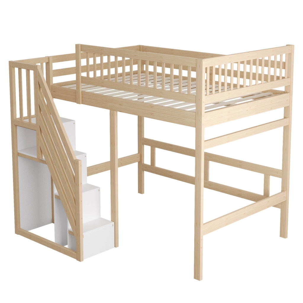 Letto a soppalco in legno massiccio 140x200 con scala contenitore e sponda alta