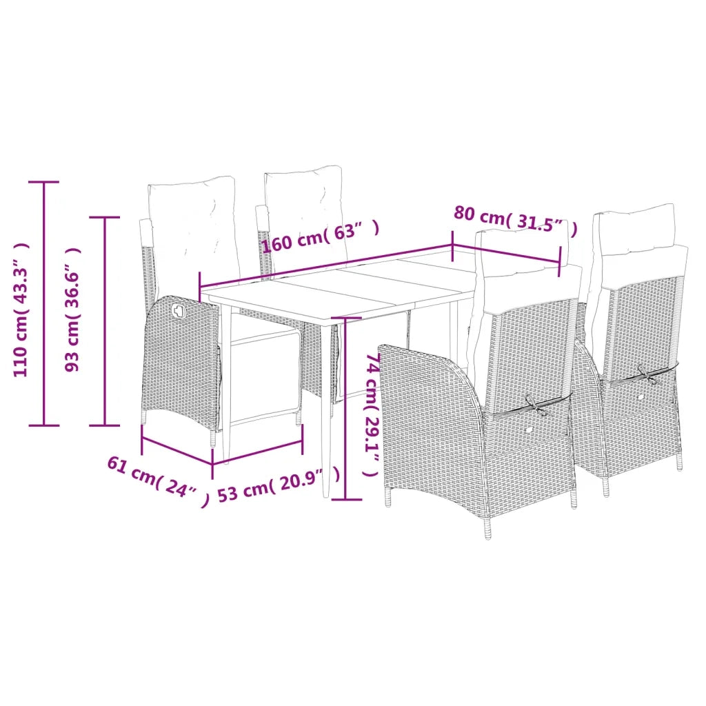 Set da Pranzo da Giardino 5pz con Cuscini in Polyrattan Marrone 3213409