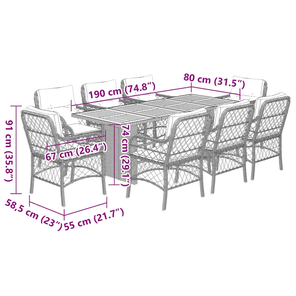 Set Pranzo da Giardino 9 pz con Cuscini Beige Misto Polyrattan