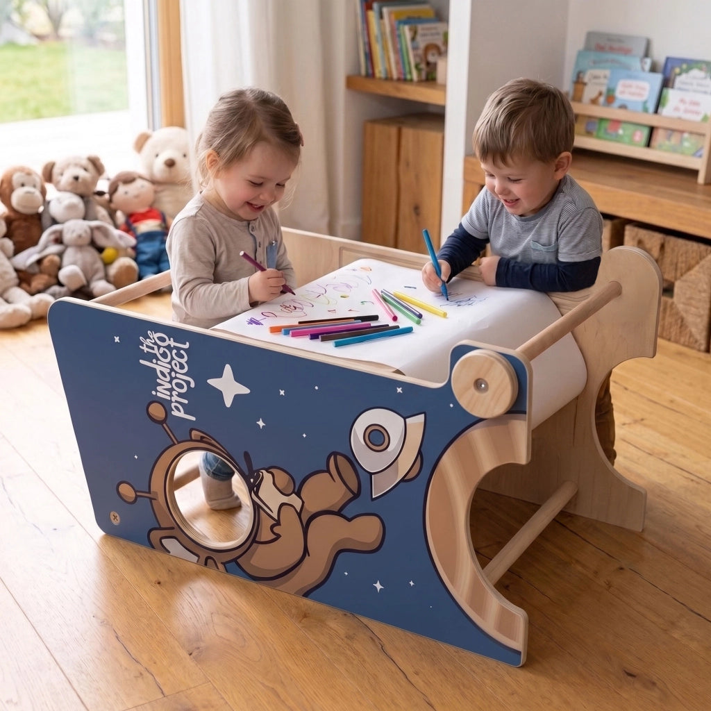 Castle Gate - Torre Montessori multifunzionale 3 in 1 per bambini a partire dai 24 mesi, 58x50x90 cm con lavagna e cestino in legno