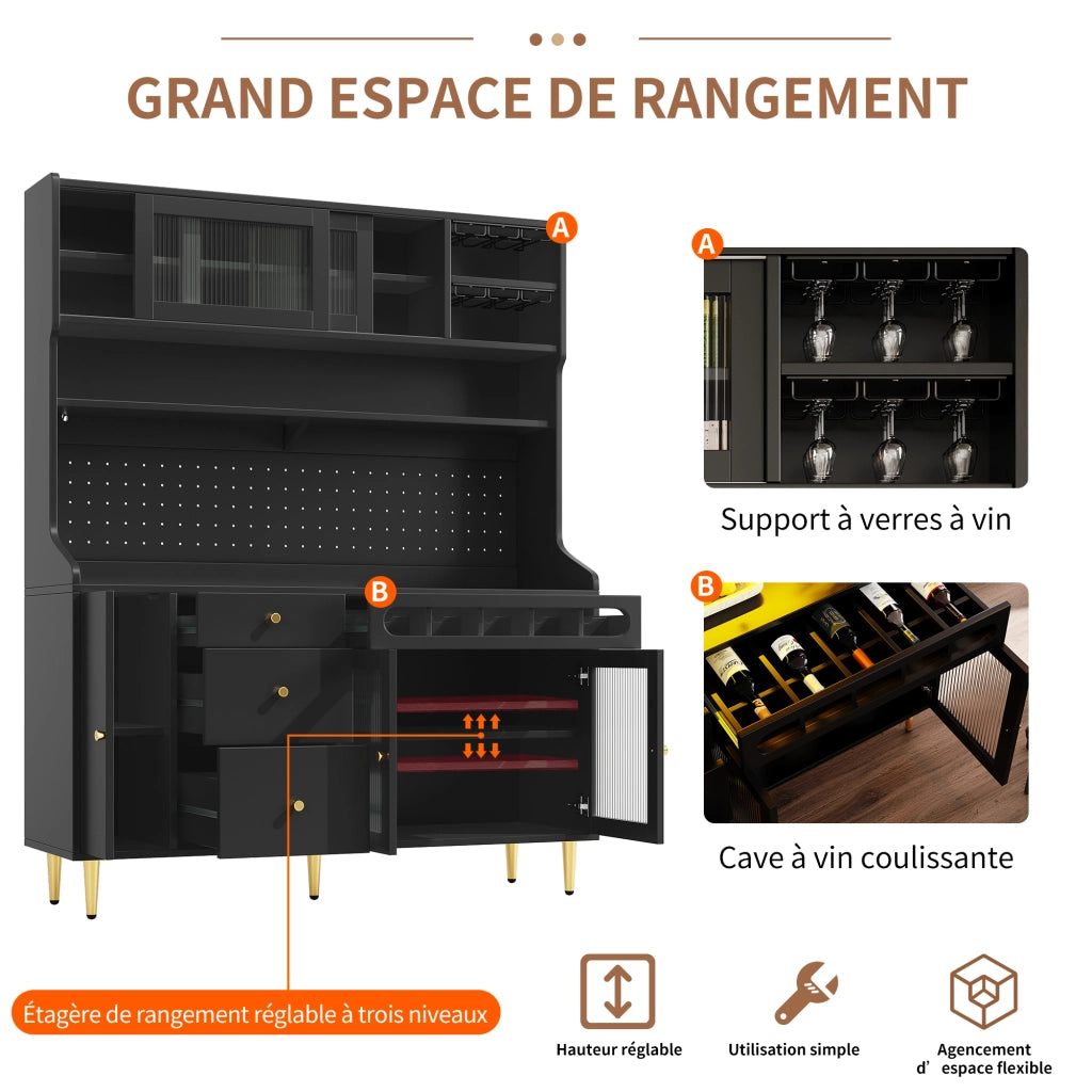 Credenza Alta con Ante Scorrevoli; Cassetto; Ripiani Regolabili e LED; per Cucina o Soggiorno; 145 x 39 x 171 cm; Nero
