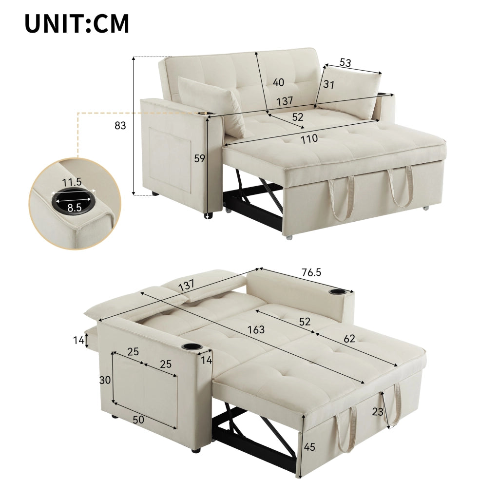 SOFA LETTO 3-in-1 137x76,5x83 cm Velluto Beige con 2 cuscini