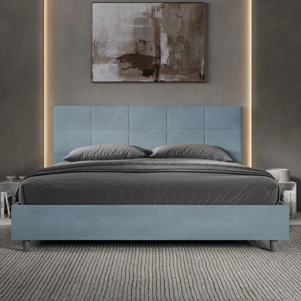 Letto Matrimoniale King Size 200x200 cm Senza Rete Imbottito in Microfibra Mika Azzurro