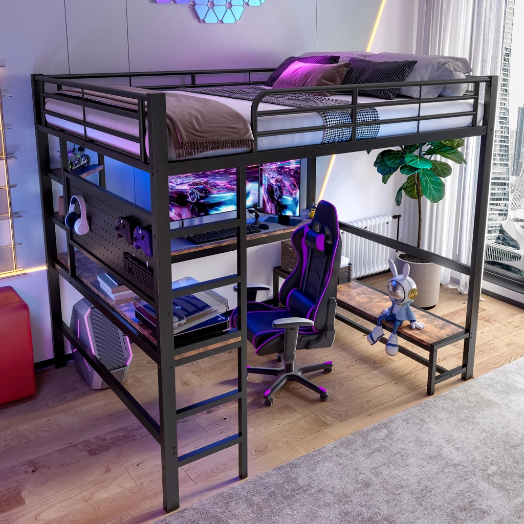 Letto a castello nero in metallo con scrivania led usb-c 140x200 cm