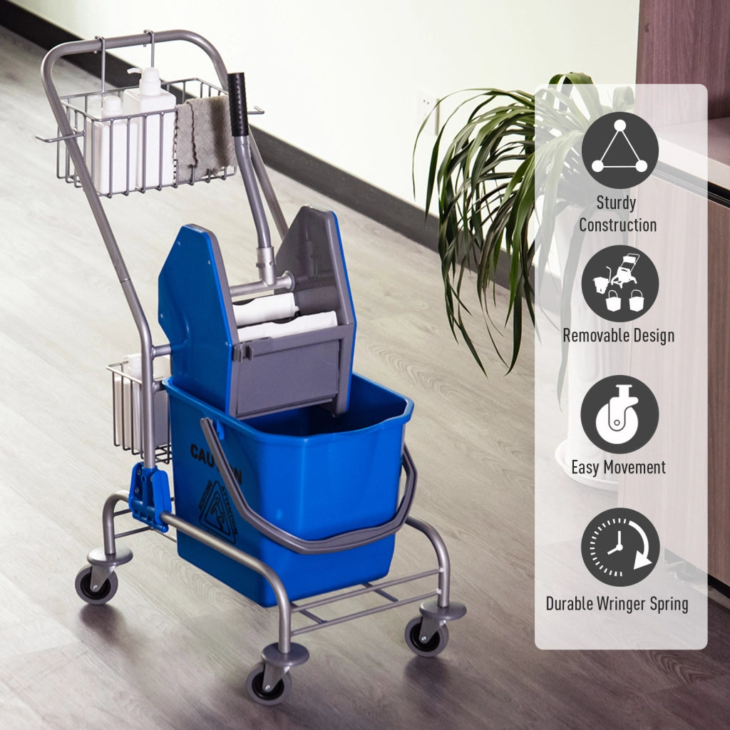 Carrello delle Pulizie Professionale con Secchio da 26L Strizzatore e Cestini a Rete Blu