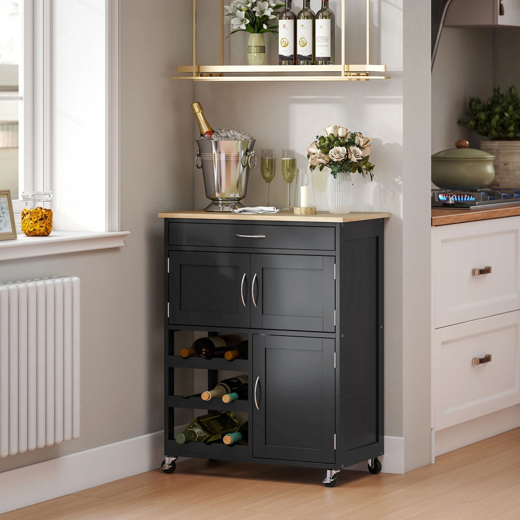 Carrello Portabottiglie da Cucina in Legno con Ante e Cassetto ¨C Zephmum ¨C Nero e Rovere 67x37x87 cm