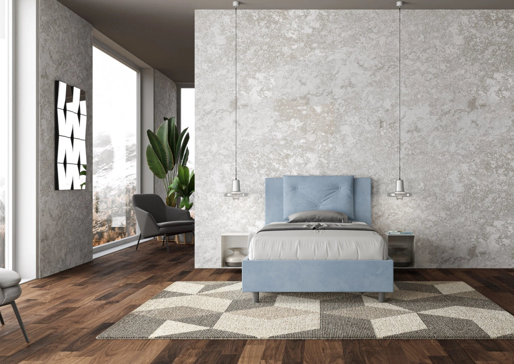 BS COM Letto una piazza e mezza contenitore imbottito 110x200 microfibra azzurro