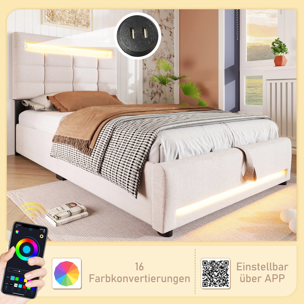 letto imbottito lino beige 90 x 200 cm