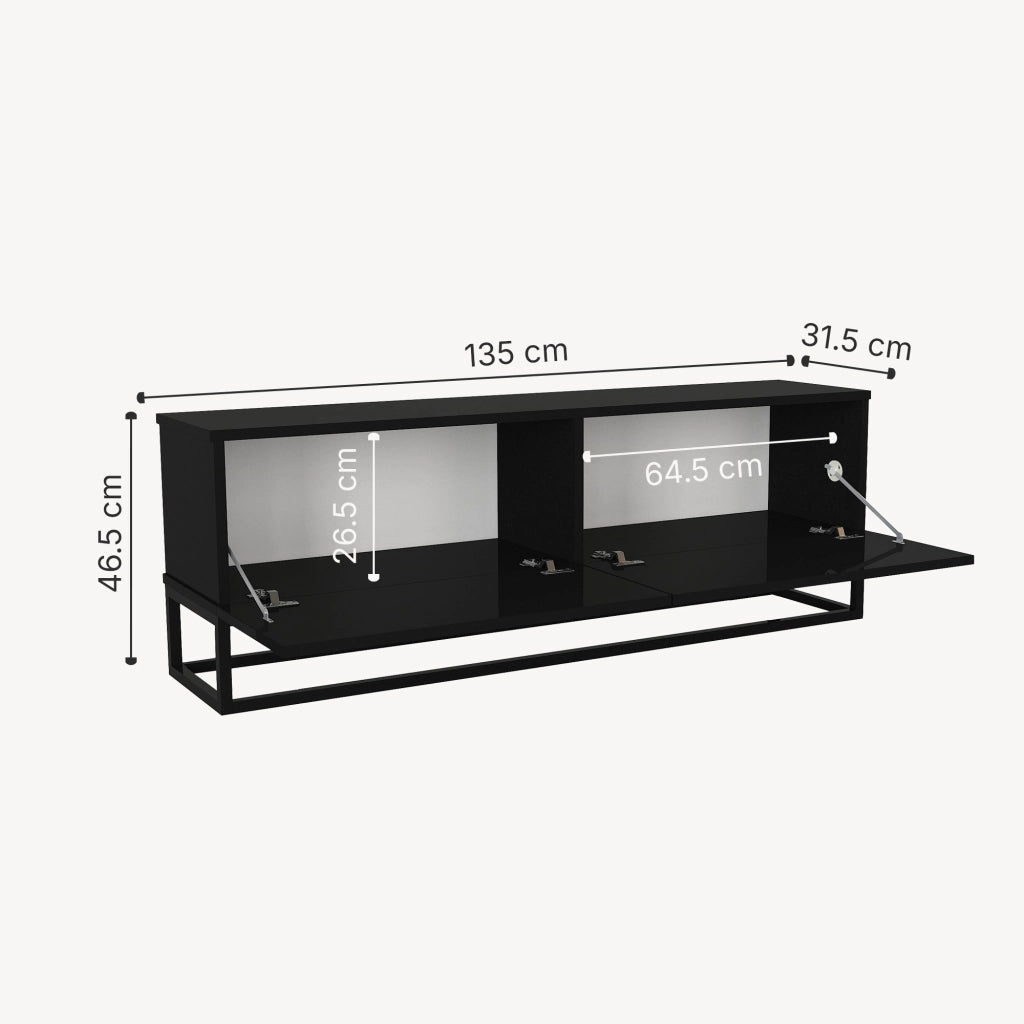 Mobile Porta TV Nolven a 2 Ante Ribalta e Telaio Lungo in Metallo 135x32x47 cm - Nero [en.casa]